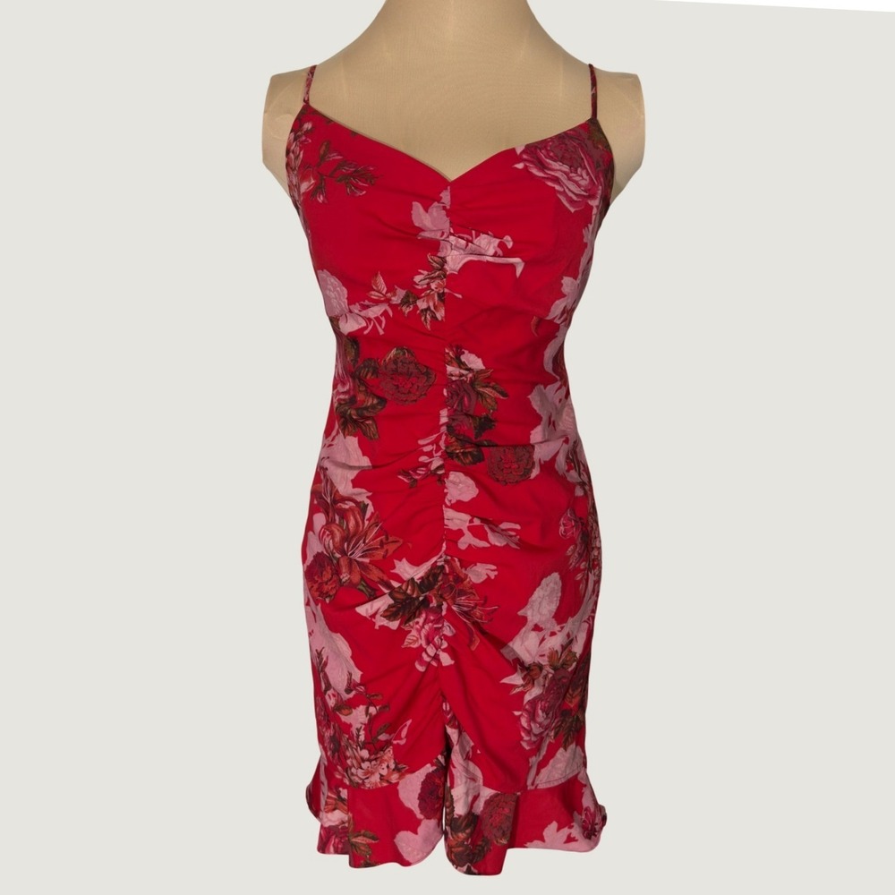 3369 | Guess Los Angeles Kaila Floral Ruched Mini Dress Red Pink Womens 8